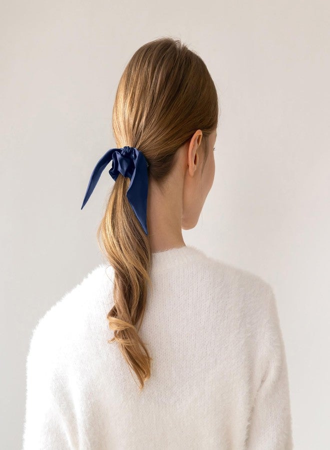 THXSILK Hair Silk Scrunchies with Bow for Women Pure Mulberry Silk Hair Cute Ring Ties Scrunchies for Girls Women's Thick Hair Navy Blue, 3.5" - Image 4